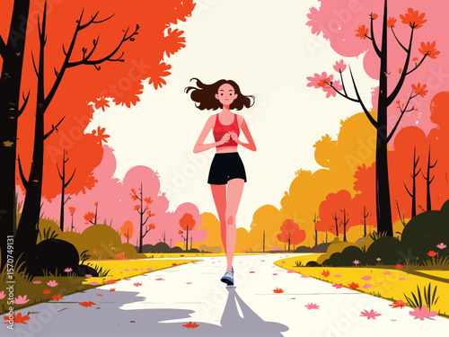 a young woman jogging during her summer holiday in a park setting