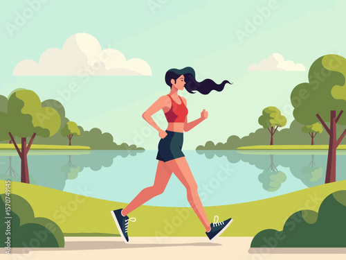 a young woman jogging during her summer holiday in a park setting