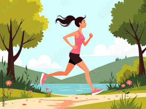 a young woman jogging during her summer holiday in a park setting