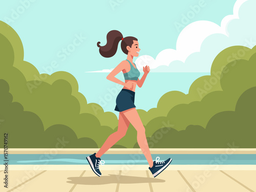 a young woman jogging during her summer holiday in a park setting