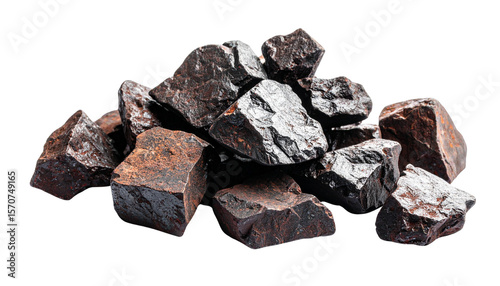Pile of iron ore rocks, isolated on transparent background, raw mineral resource