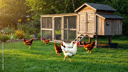 Chickens walking freely on backyard grass near wooden coop. Organic bird farm and rural life concept with poultry birds, footage.