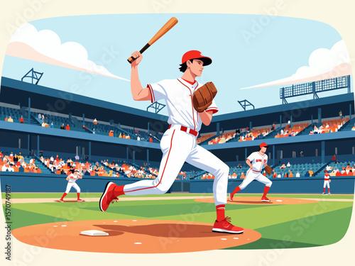  artwork showcasing a baseball player during a game at the stadium