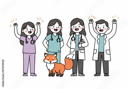 Happy medical and veterinary team celebrating success with a friendly fox illustration on a white background, showing joy and unity.