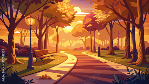 Tranquil park path illuminated by the golden light of sunset, with long shadows, warm tones, and surrounding trees glowing in soft evening hues