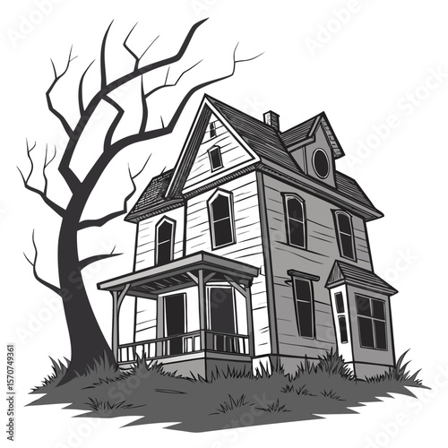 Spooky Victorian house with bare tree haunted house