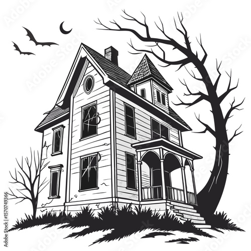 Spooky Victorian house with bare trees and bats haunted house