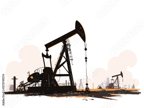 Black oil pumpjack silhouette on white background 