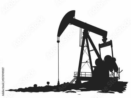Black oil pumpjack silhouette on white background 