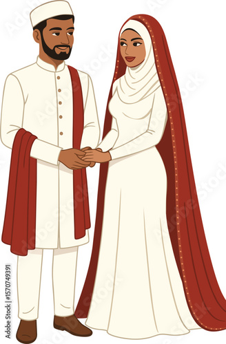 Muslim Wedding Couple Vector Traditional Nikah Attire Illustration 