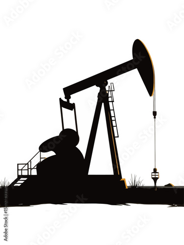 Black oil pumpjack silhouette on white background 