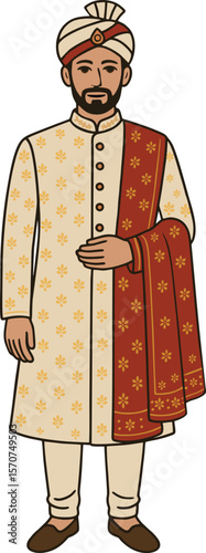Indian Groom in Traditional Sherwani with Pagdi Wedding Day Vector Illustration 