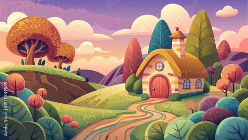A charming and whimsical landscape with soft rolling hills, playful trees, and a cozy little house made entirely of wool felt. The scene has a handcrafted