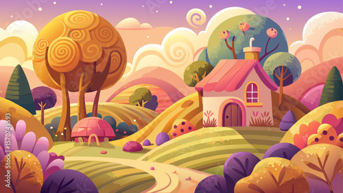 A charming and whimsical landscape with soft rolling hills, playful trees, and a cozy little house made entirely of wool felt. The scene has a handcrafted
