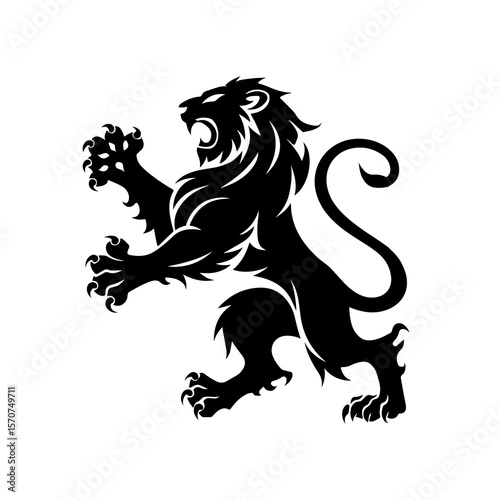 Royal heraldic lions. Black silhouette of a rampant lion and griffins for logo or coat of arms. Premium wild animal crest symbols