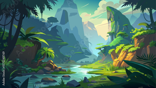 Stunning prehistoric-inspired Jurassic landscape with dramatic limestone cliffs, lush green vegetation, and misty atmosphere. A cinematic and ancient terrain evoking a sense of mystery