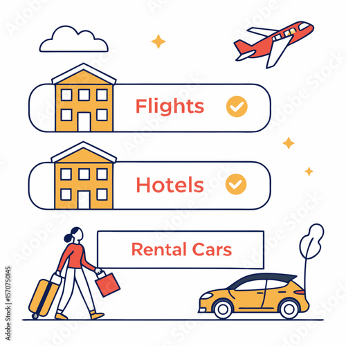 Travel booking options with airplane hotel car and traveler