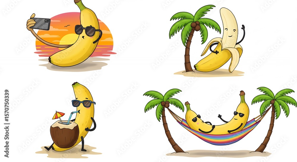 Naklejka premium Banana characters relaxing at beach