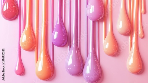 a stunning collection of nail polish drips in an array of bold and pastel shades, cascading downward in a smooth, glossy texture the 3d-rendered droplets are semi-transparent, with highlights and