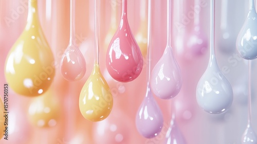 a stunning collection of nail polish drips in an array of bold and pastel shades, cascading downward in a smooth, glossy texture the 3d-rendered droplets are semi-transparent, with highlights and