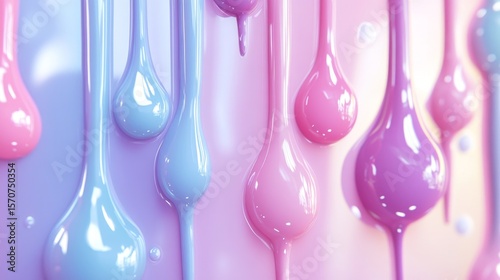 a stunning collection of nail polish drips in an array of bold and pastel shades, cascading downward in a smooth, glossy texture the 3d-rendered droplets are semi-transparent, with highlights and
