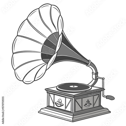 Vintage gramophone with horn and crank phonograph antique