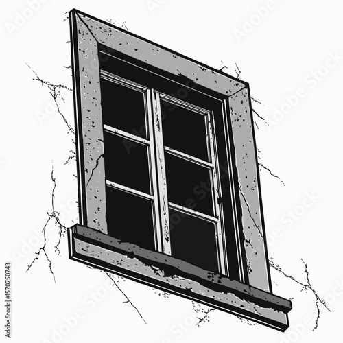 Weathered stone window frame black glass panes cracked