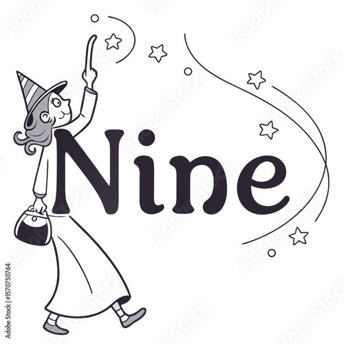 Whimsical witch conjures stars with the number nine