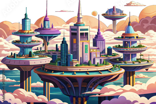 Futuristic Floating City Above the Clouds vector Sci-Fi Urban Dreamscape