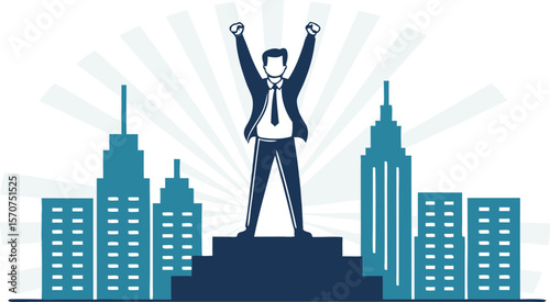 Successful businessman celebrating victory atop a pedestal with city skyline background
