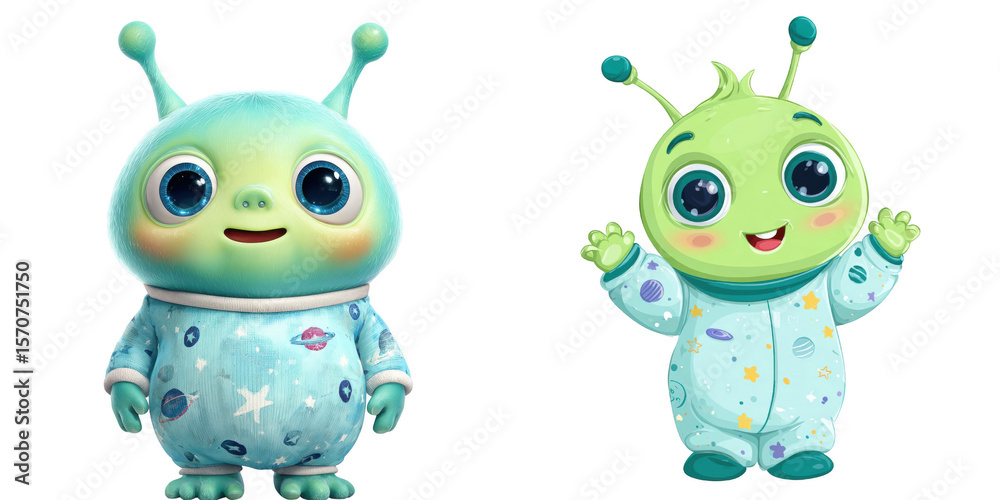Obraz premium Two cartoon aliens in pajamas with space patterns standing side by side on a black background