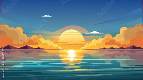 Peaceful sunrise over a calm ocean, with golden sunlight reflecting gently on the smooth water surface. Soft clouds drift across the sky, creating a tranquil and serene seascape perfect for relaxation