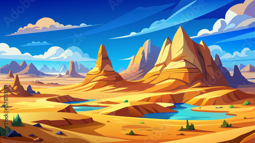 Stunning desert landscape of Agabat Valley in Egypt, featuring golden sand dunes, unique limestone rock formations, and vast open space under a bright blue sky.