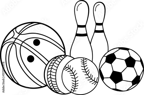 Collection of sports balls and bowling pins in a simple line drawing style