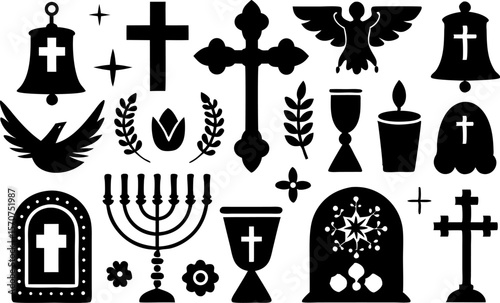 Collection of christian religious symbols and elements in black silhouette on white background