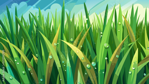 Ground-level view of freshly cut ornamental grass glistening with rain droplets after a summer shower. A shallow depth of field highlights the vivid green blades