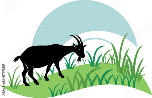 Silhouette of a goat grazing in a grassy field under a light blue sky