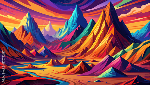 Vividly colored mountains with striking painted hues rise beneath a bright, open sky, creating a surreal and captivating landscape.