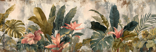 The retro mural photo wallpaper features a tropical forest with graceful leaves in a vintage background graphic painting art card poster print interior