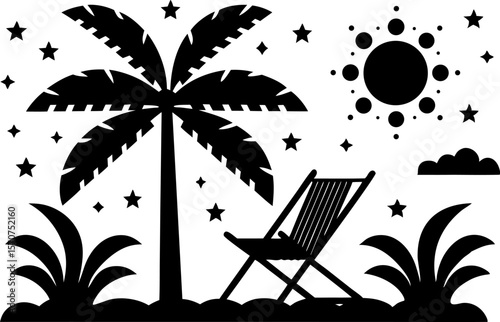 Tropical beach scene with palm tree sun clouds and lounge chair