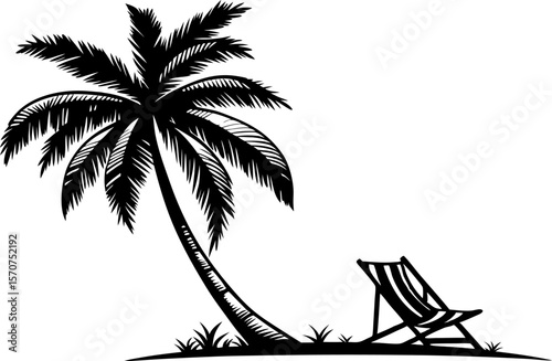 Black silhouette of a leaning palm tree and a striped beach chair on white background