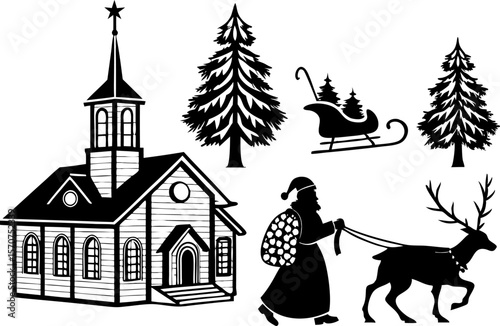 Christmas scene silhouette with santa claus reindeer sleigh church and pine trees