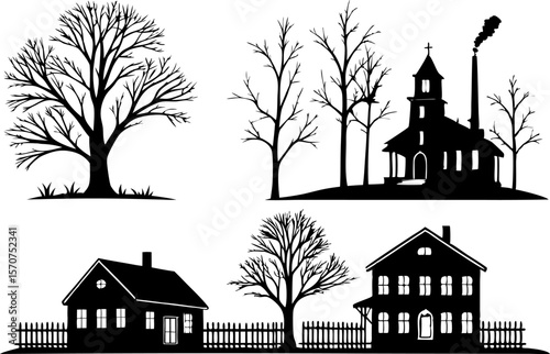 Black silhouette of bare trees and village buildings on a white background
