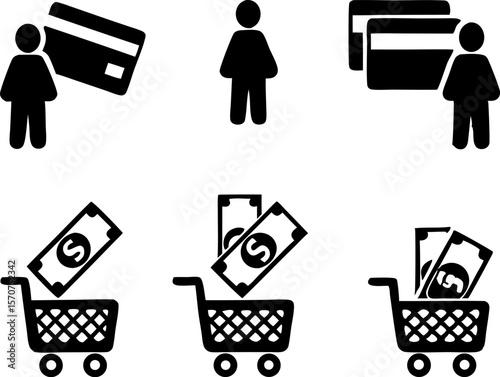Set of icons representing shopping with credit cards and cash money