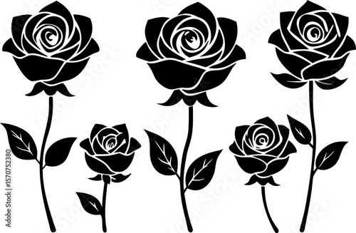 Set of 6 Black Rose Silhouette Vectors in One Artboard"
