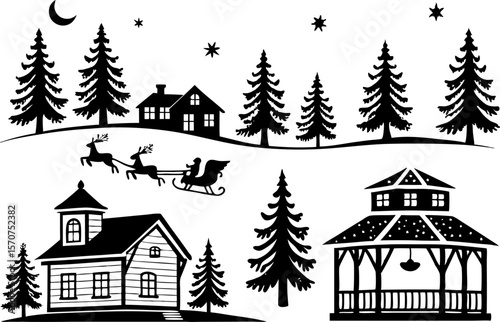 Whimsical black silhouette christmas village scene with santa and reindeer