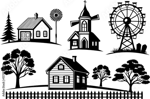 Black and white silhouette of a village scene with houses trees and a ferris wheel