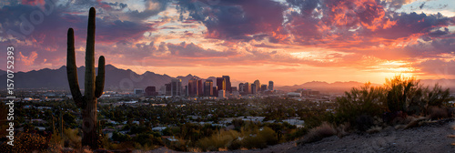 Phoenix Arizona Skyline at Sunset, Cactus Foreground, Documentary Photography Style