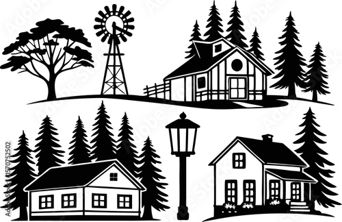 Black silhouette of rural farmhouse scenes with trees and windmill