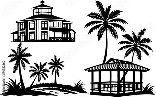 Tropical island scene with silhouette of a house palm trees and gazebo